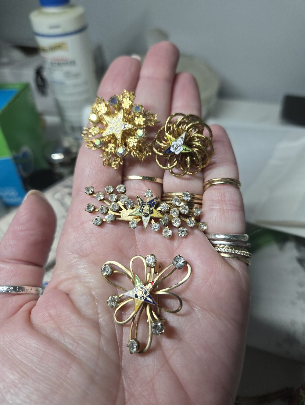 Vintage Gold-Tone Eastern Star Floral Crystal Brooch Collection -